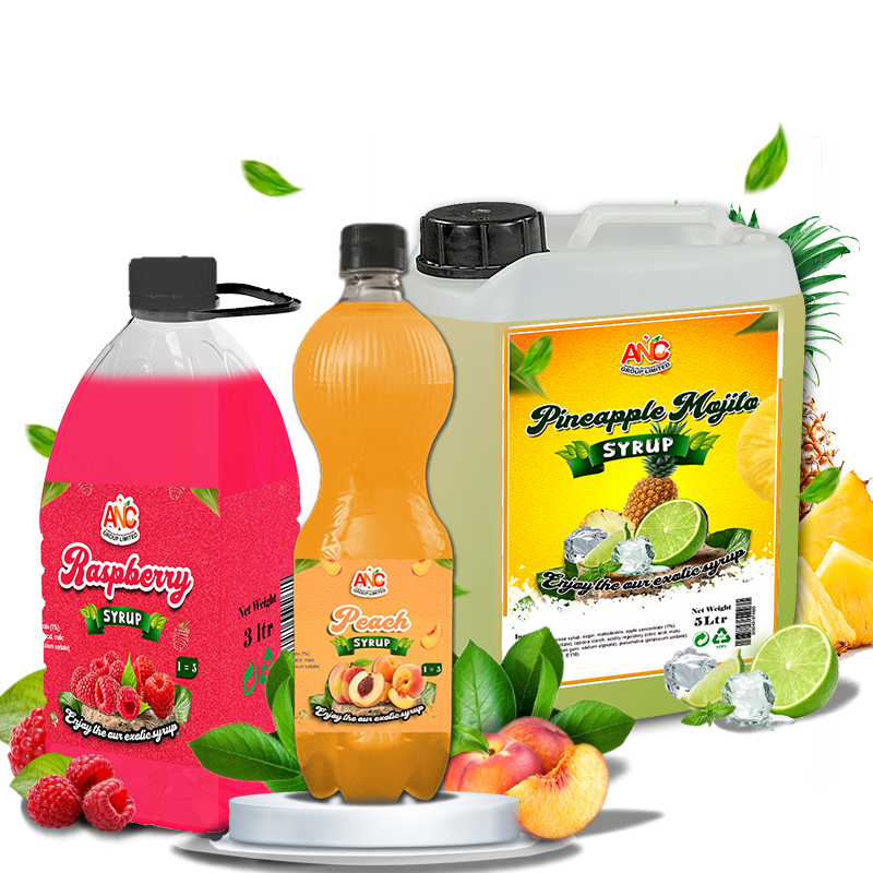 ANC syrup collection featuring raspberry, peach, and pineapple mojito flavors, perfect for adding a burst of fruitiness to any drink.